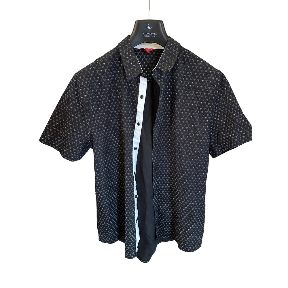 Y2K GUESS Mens Short Sleeve Button Down Shirt Black & White Triangle Logo Size L